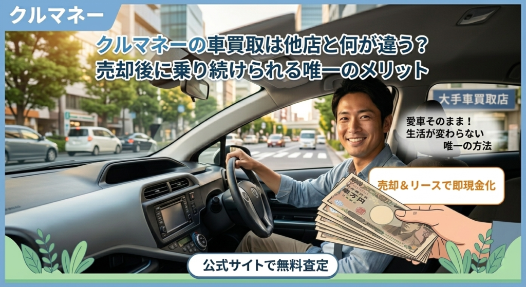 運転席で笑顔を見せる日本人男性と手渡される現金。売却後も乗り続けられるサービスの象徴的な実写イメージ。
