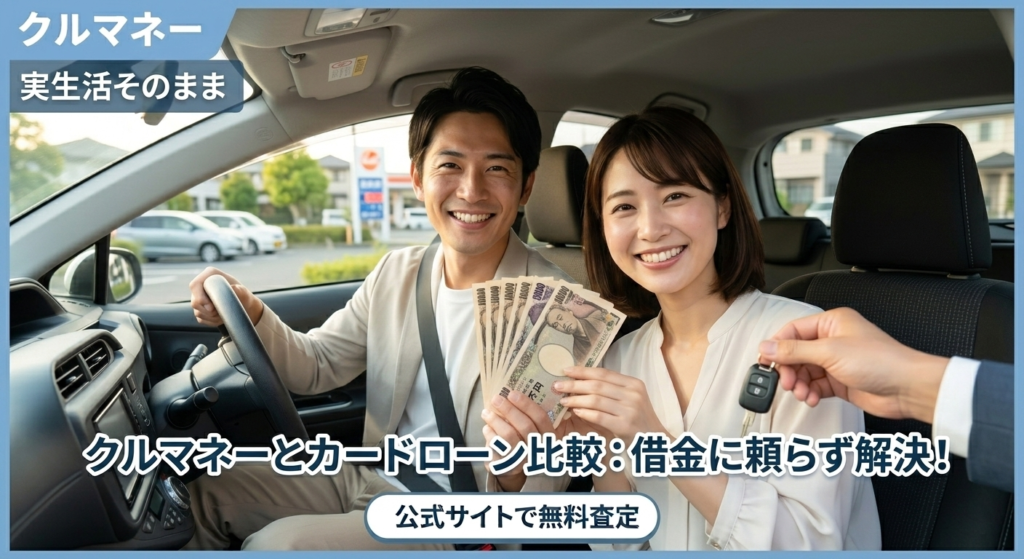 笑顔の日本人男女が車内で現金と鍵を持つ実写。借金に頼らず、愛車を活かして前向きに資金解決した家族の様子。