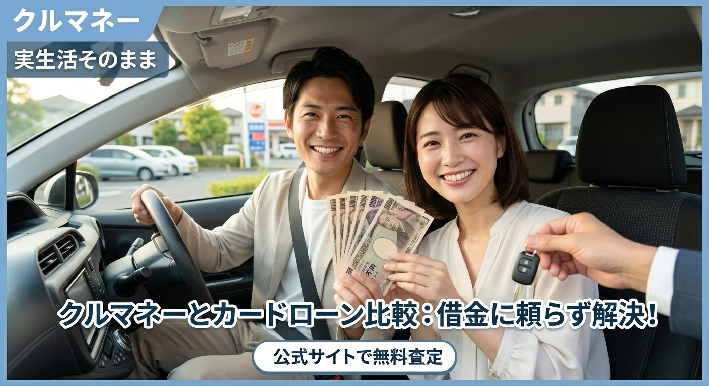 笑顔の日本人男女が車内で現金と鍵を持つ実写。借金に頼らず、愛車を活かして前向きに資金解決した家族の様子。