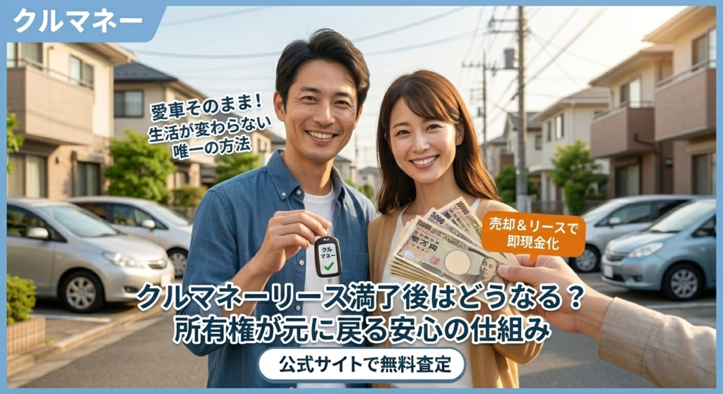 車の鍵と現金を手に持つ笑顔の夫婦。リース満了後に所有権が戻り、再び自分の車になる安心の仕組み。