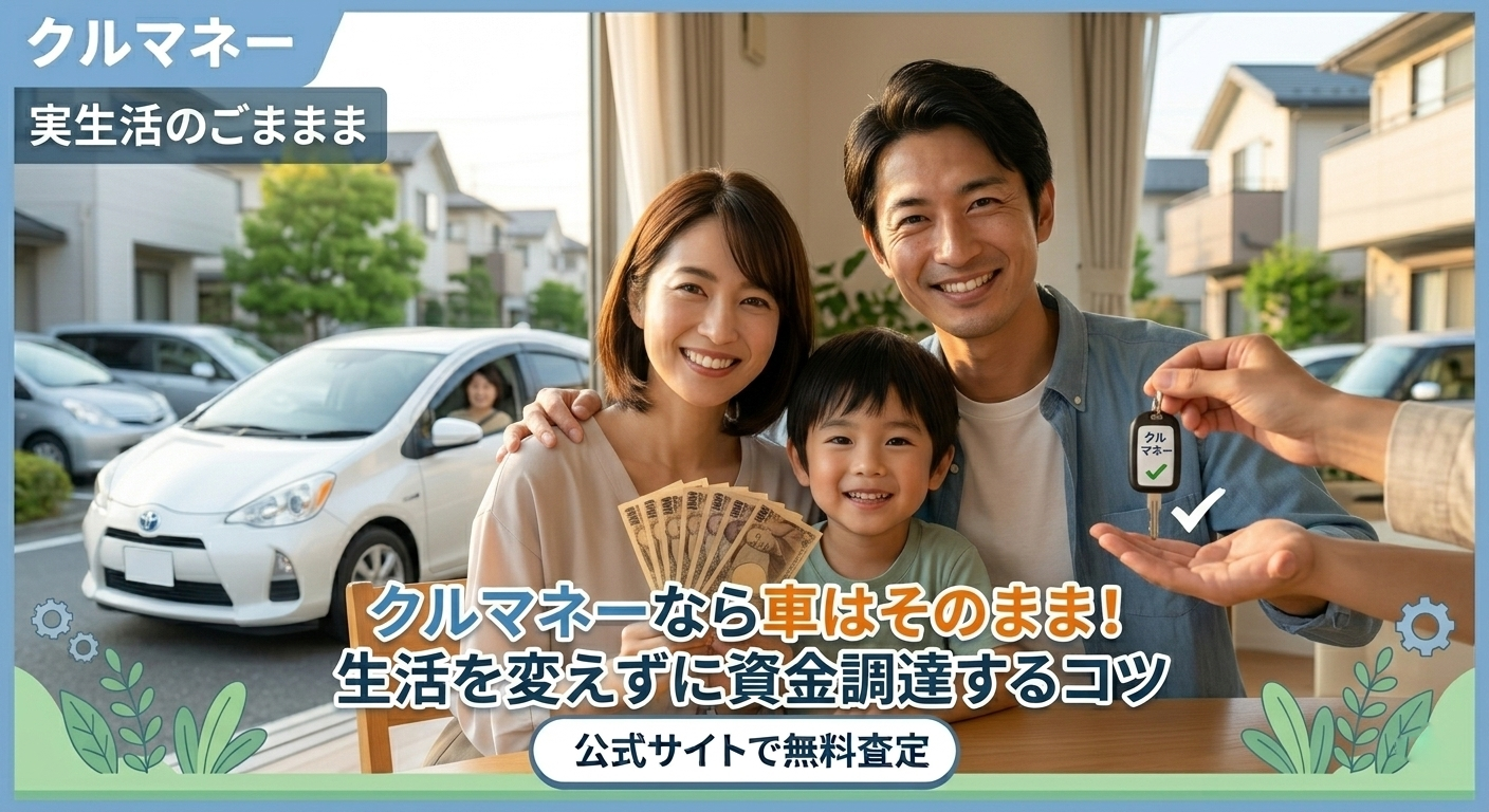 幸せそうな日本人家族が車をバックに微笑む実写。生活を変えずに、賢く資金調達を完了させた満足感。