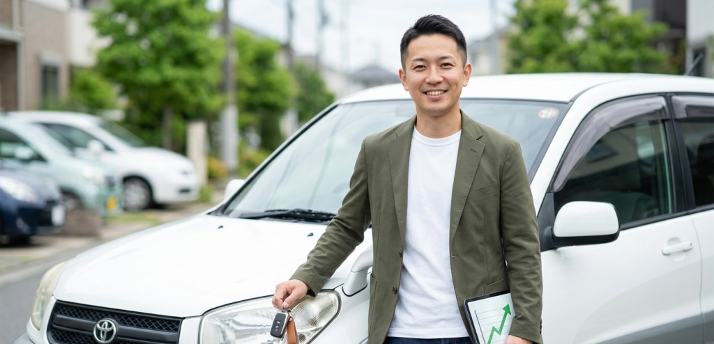 車と査定士のアイコンと共に笑顔を見せる運営者のイラストイメージ。親しみやすいアドバイザー。