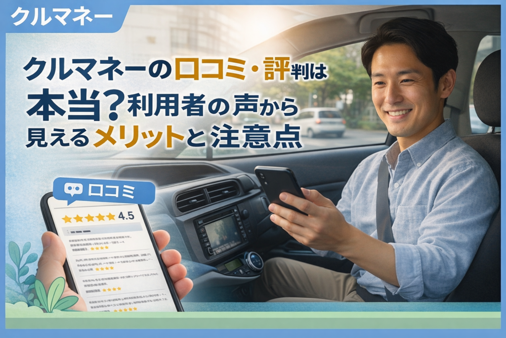 車内でスマホを使いクルマネーの口コミ・評判を確認する男性