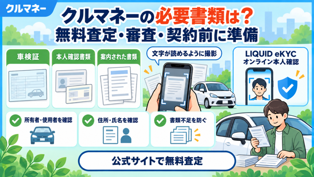 クルマネーの無料査定・審査・契約に必要な書類を解説するアイキャッチ