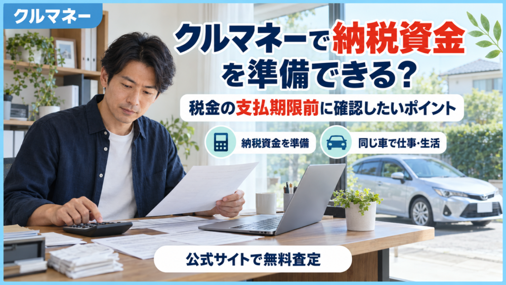 クルマネーで納税資金を準備する際の確認点を解説するアイキャッチ